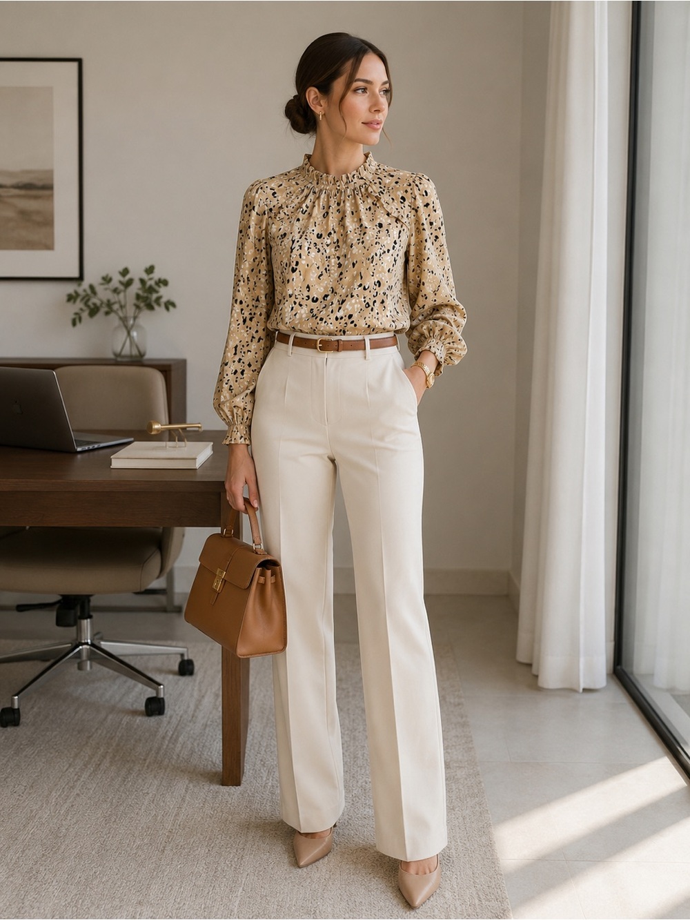 LOFT Beige Printed Long Sleeve Blouse